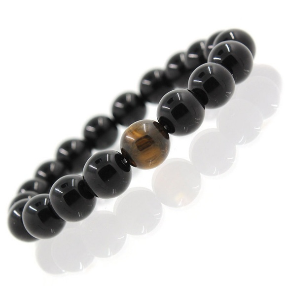 Mens Tiger's Eye Black Agate Bead Stretch Bracelet - Picture 7 of 8